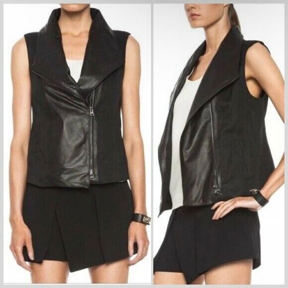 VINCE LEATHER AND LINEN ASYMMETRICAL MOTO VEST - Picture 2 of 14